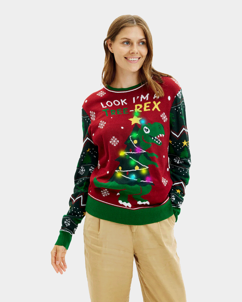 Tree-Rex LED light-up Family Ugly Christmas Sweater womens