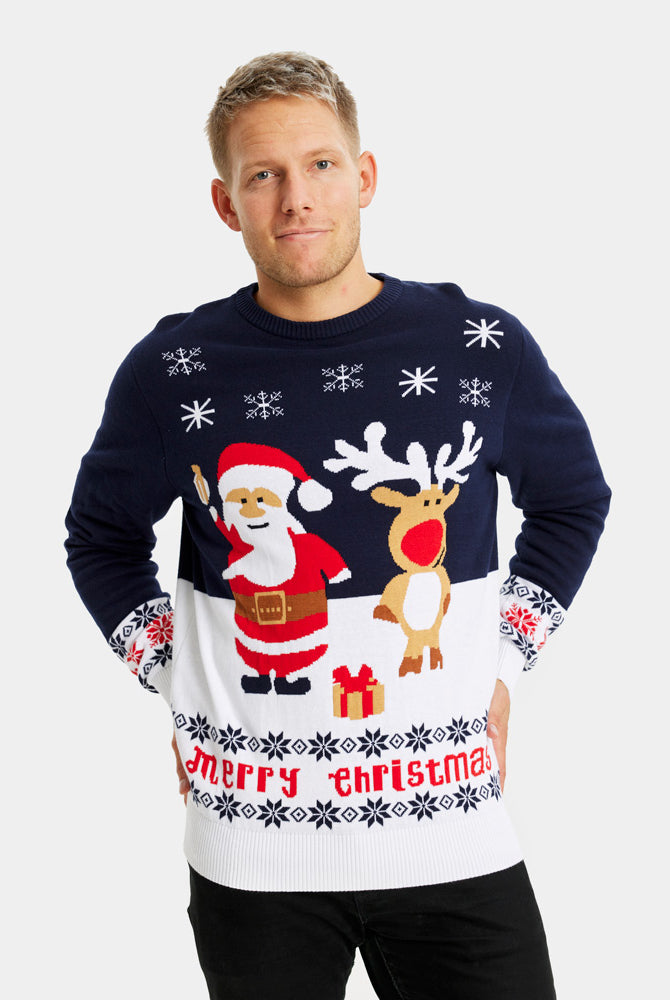 mens Blue Organic Cotton Family Ugly Christmas Sweater with Santa and Rudolph