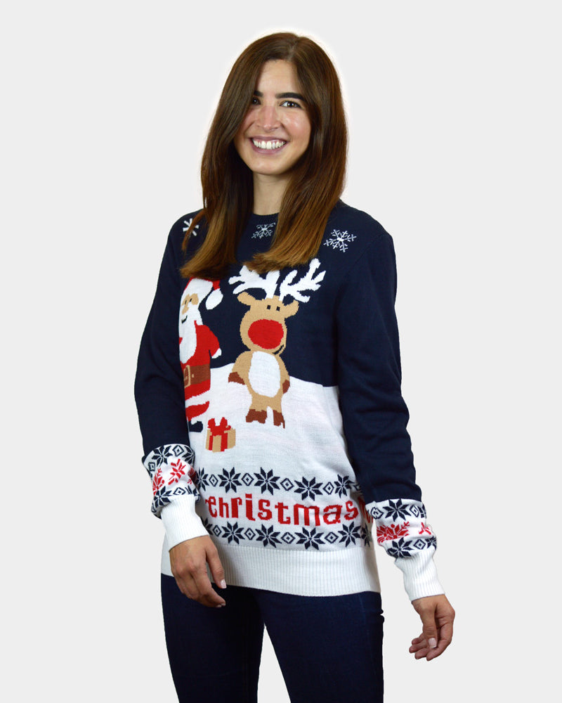 Blue Organic Cotton Ugly Christmas Sweater with Santa and Rudolph womens