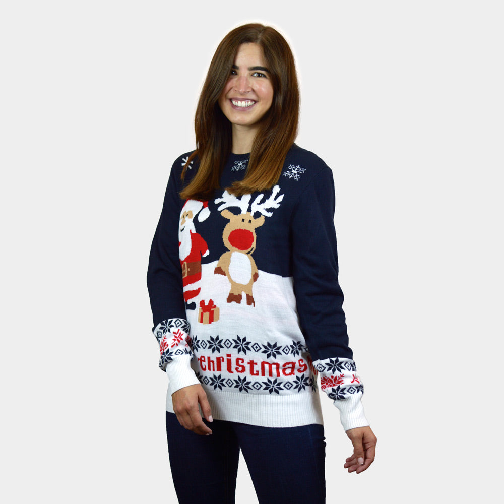 Blue Organic Cotton Ugly Christmas Sweater with Santa and Rudolph womens