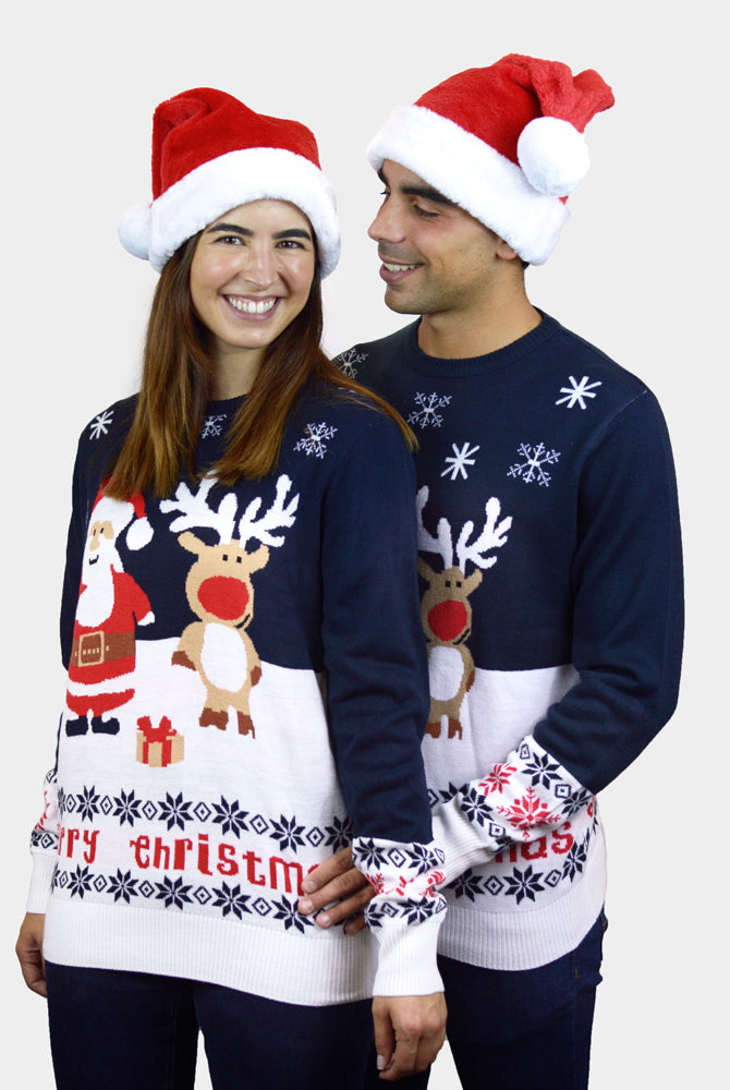 Couples Blue Organic Cotton Family Ugly Christmas Sweater with Santa and Rudolph