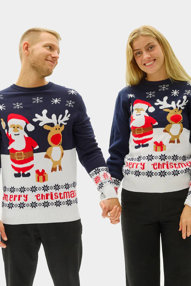 Blue Organic Cotton Family Ugly Christmas Sweater with Santa and Rudolph couple
