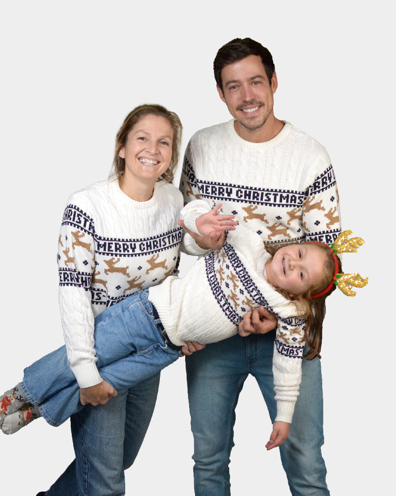 Matching Family Classy White Organic Cotton Ugly Christmas Sweater with Reindeer