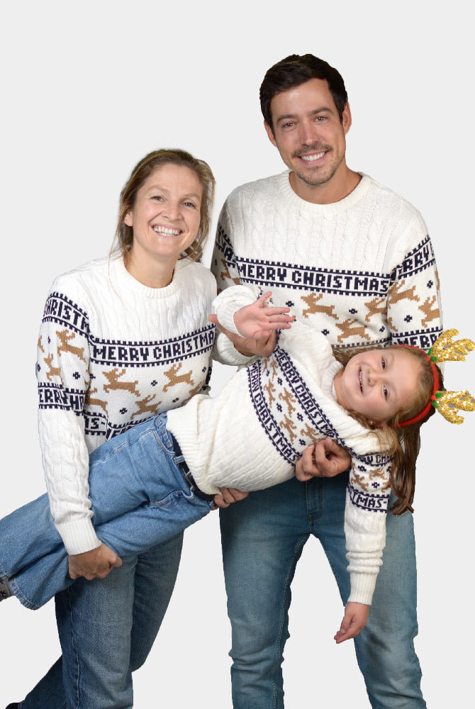 Matching Family Classy White Organic Cotton Ugly Christmas Sweater with Reindeer