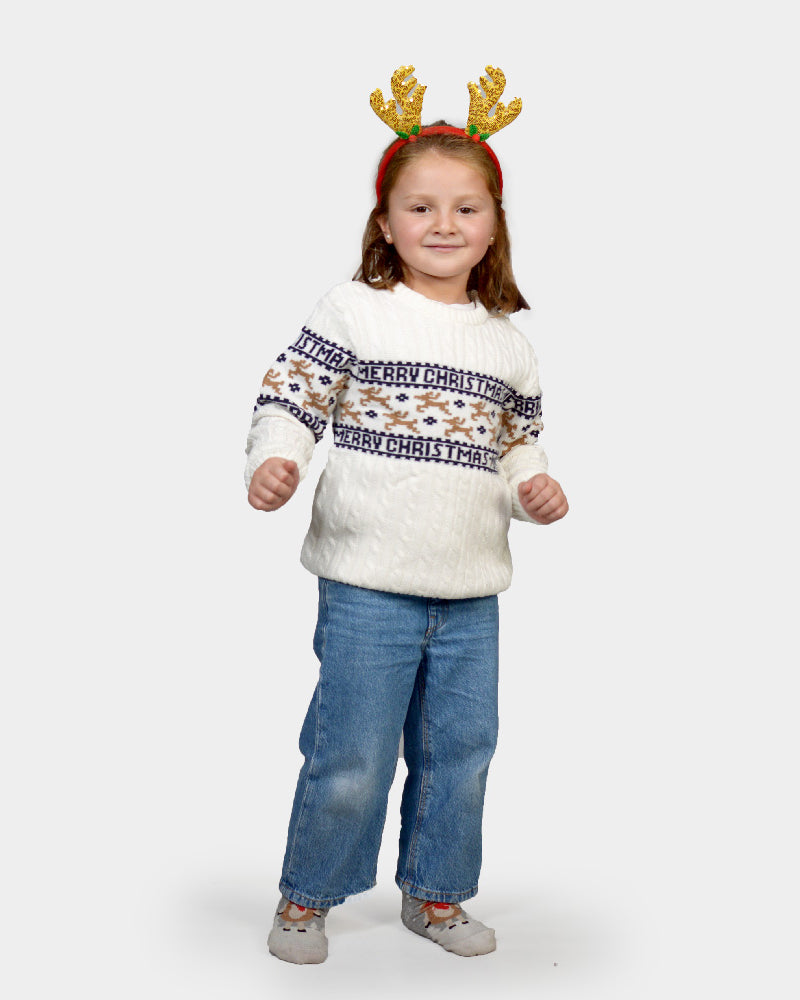 Matching Family Classy White Organic Cotton Childrens Ugly Christmas Sweater with Reindeer