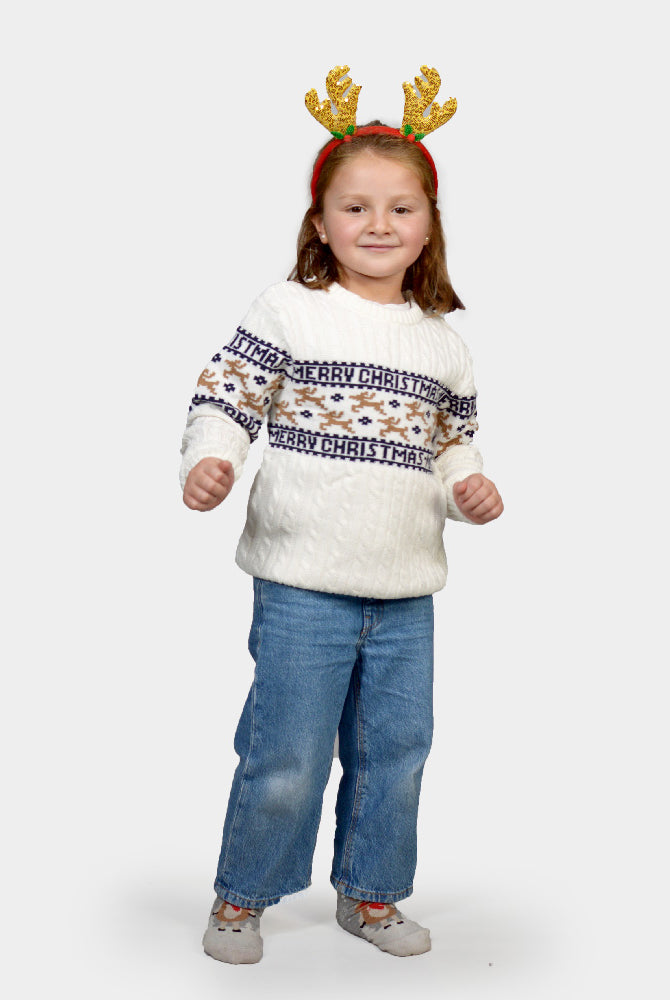 Matching Family Classy White Organic Cotton Childrens Ugly Christmas Sweater with Reindeer