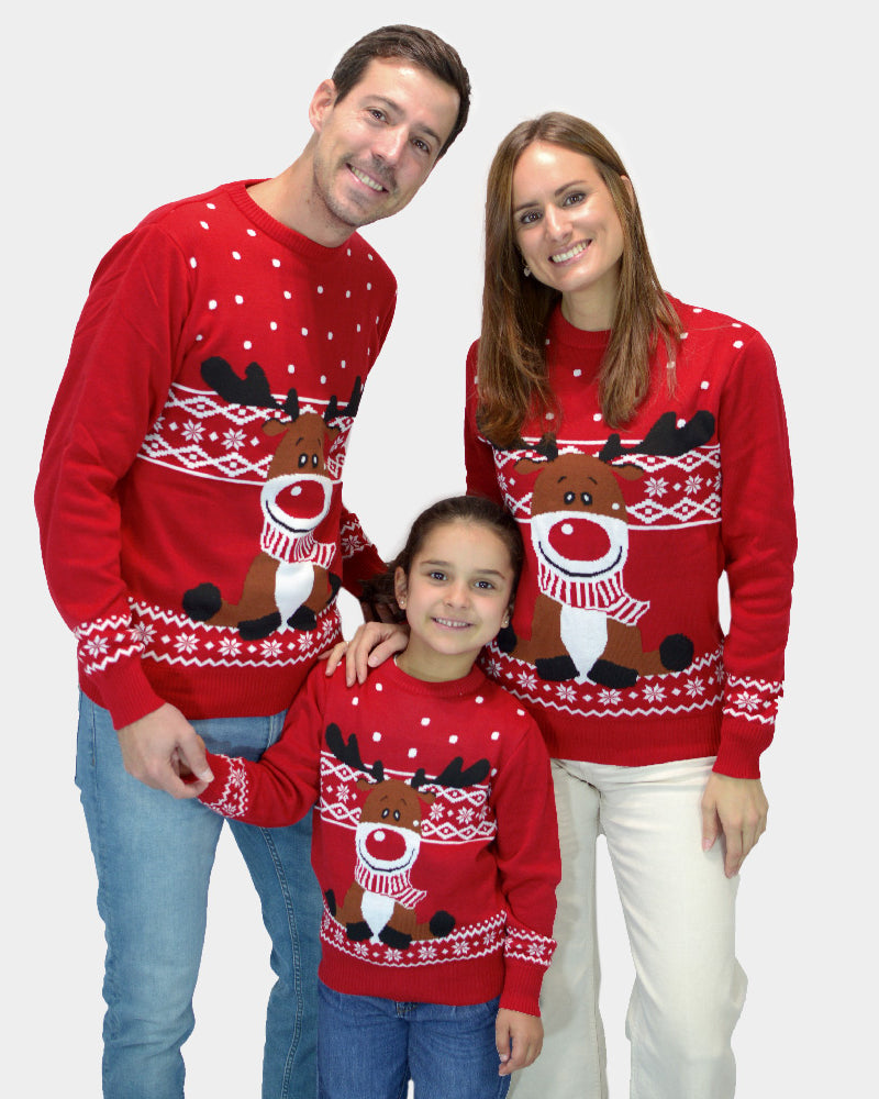 Matching Family Red Ugly Christmas Sweater with Rudolph the Happy Reindeer