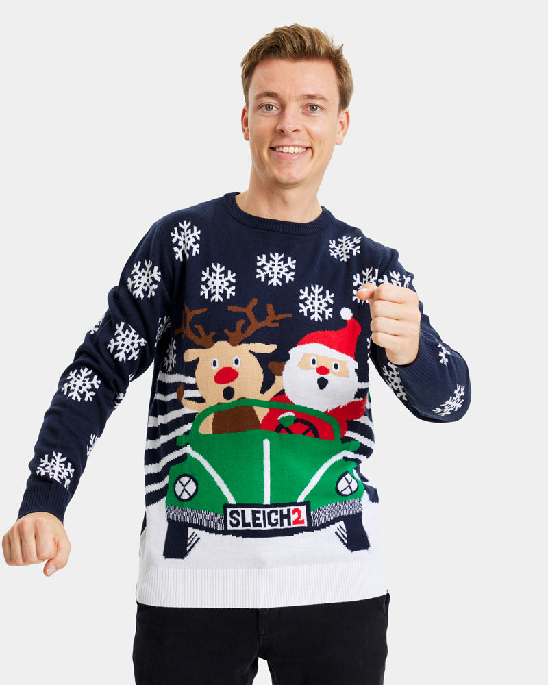 Family Ugly Christmas Sweater with Santa and Reindeer Driving mens