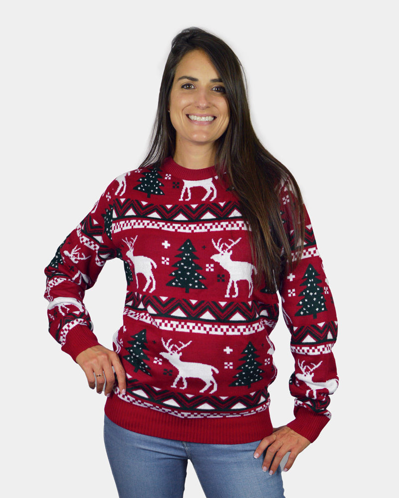 Womens Red Family Ugly Christmas Sweater with Reindeers and Christmas Trees