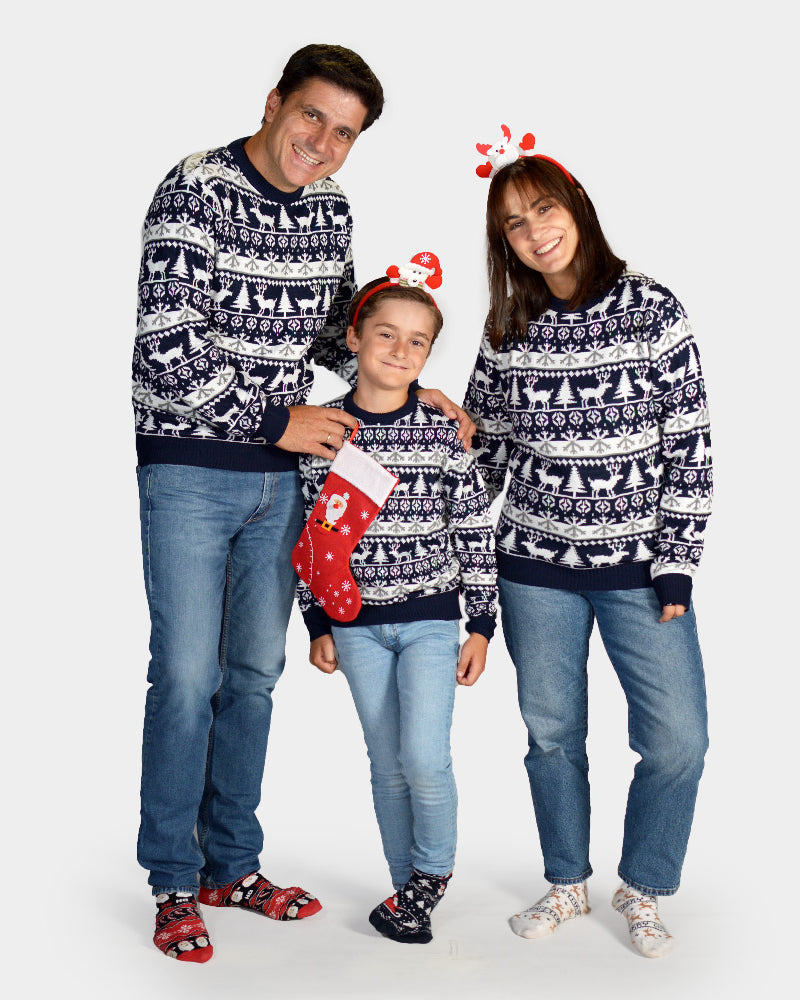 Matching Family Ugly Christmas Sweater with Reindeer and Trees Strips