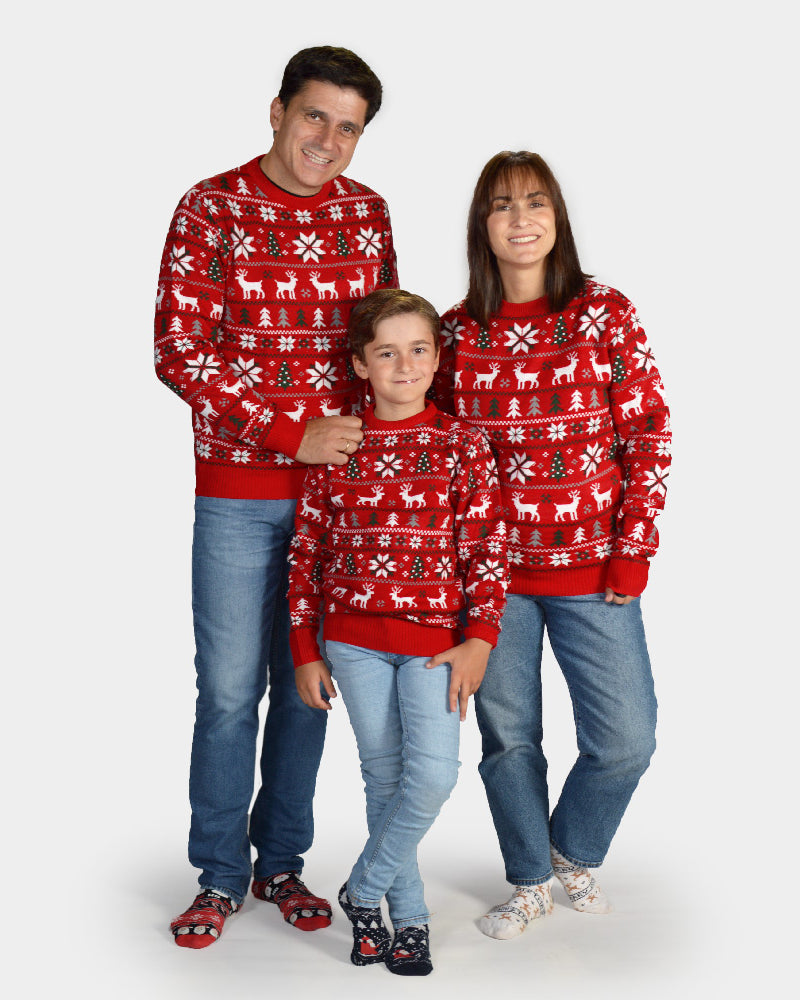 Matching Family Red Ugly Christmas Sweater with Reindeer, Trees and Polar Star