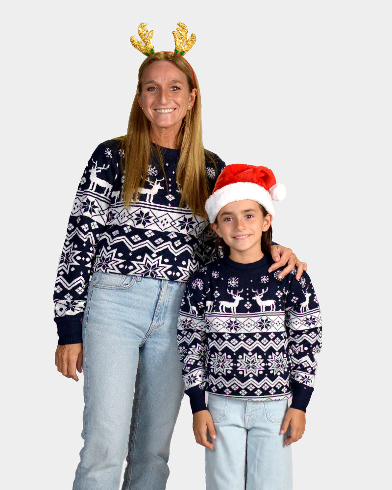 Matching Family Blue Ugly Christmas Sweater with Reindeer and Nordic Stars