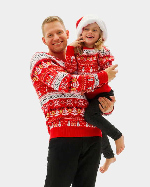 Red Organic Cotton Family Ugly Christmas Sweater with Snowmen and Trees