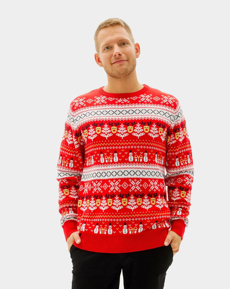 Red Organic Cotton Family Ugly Christmas Sweater with Snowmen and Trees mens