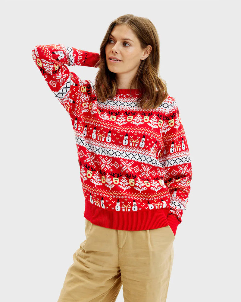 Red Organic Cotton Family Ugly Christmas Sweater with Snowmen and Trees womens