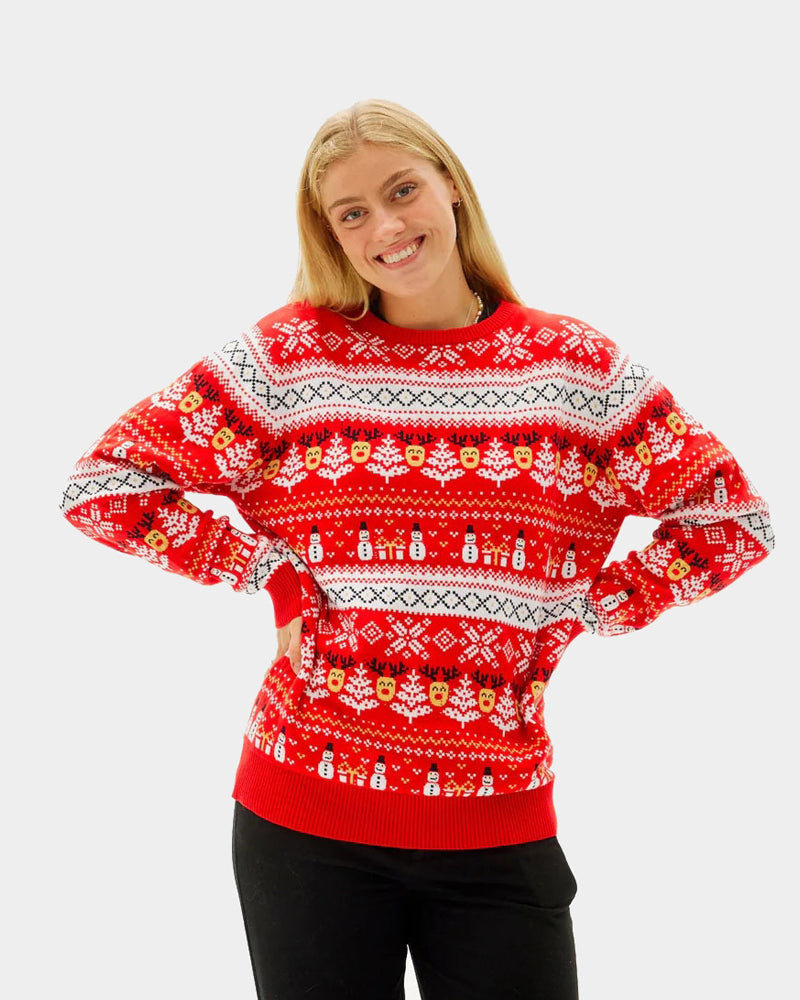 Red Organic Cotton Ugly Christmas Sweater with Snowmen and Trees womens