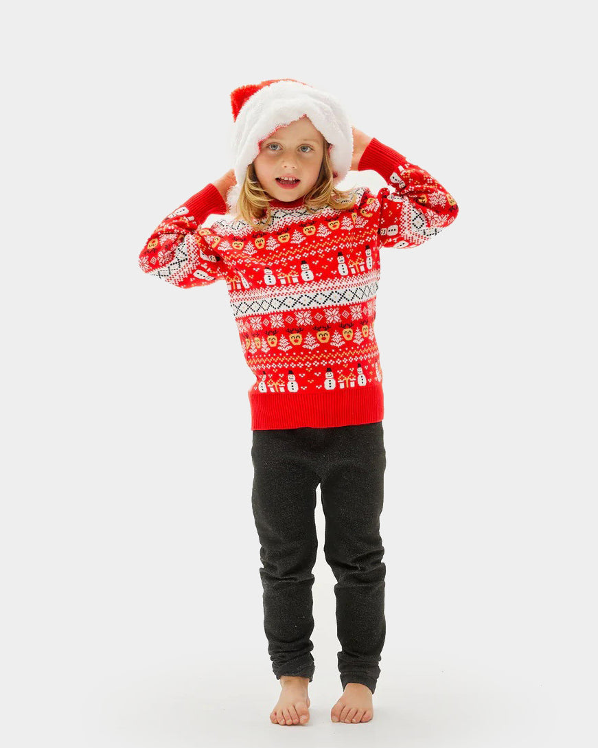 Red Organic Cotton Boys and Girls Ugly Christmas Sweater with Snowmen and Trees