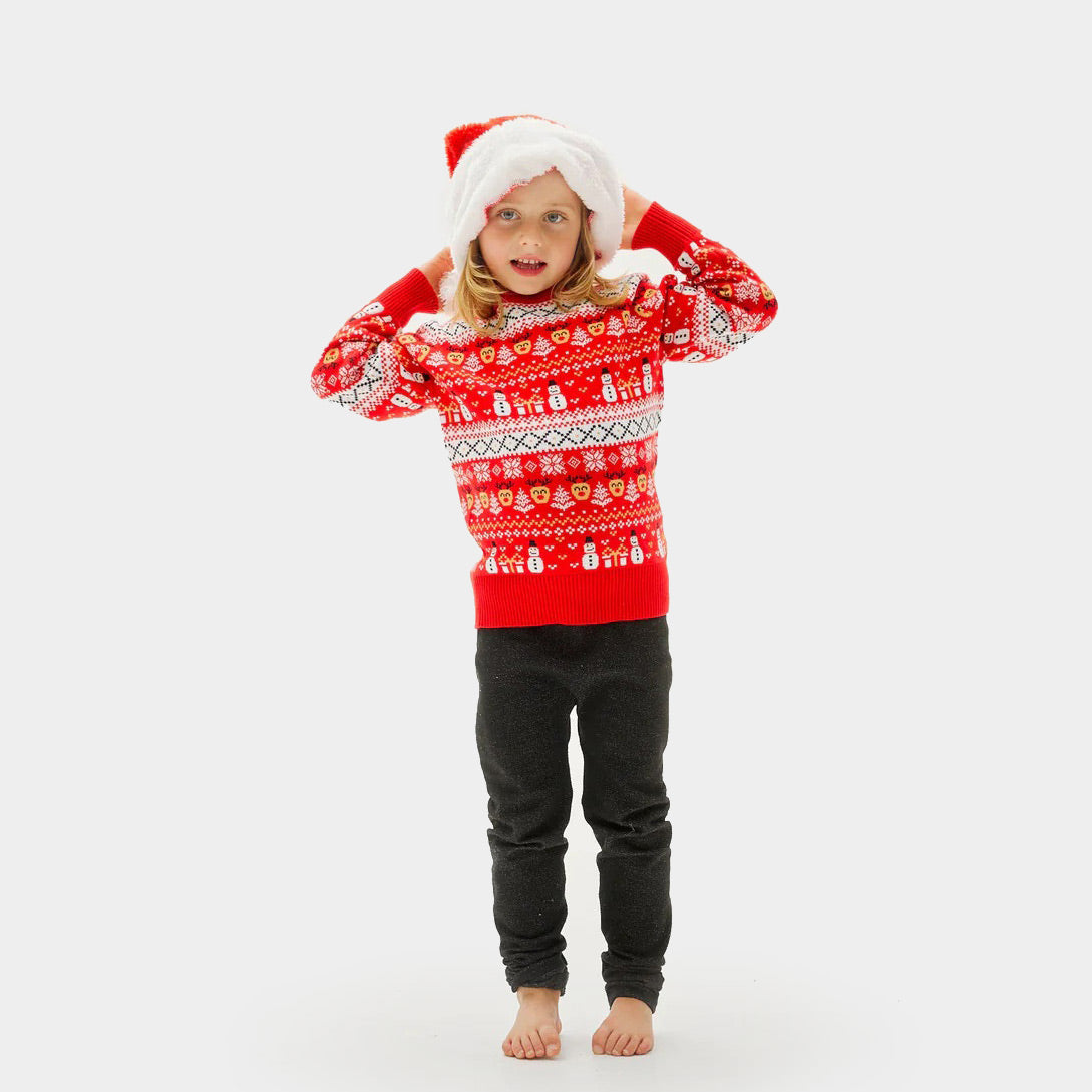 Red Organic Cotton Boys and Girls Ugly Christmas Sweater with Snowmen and Trees