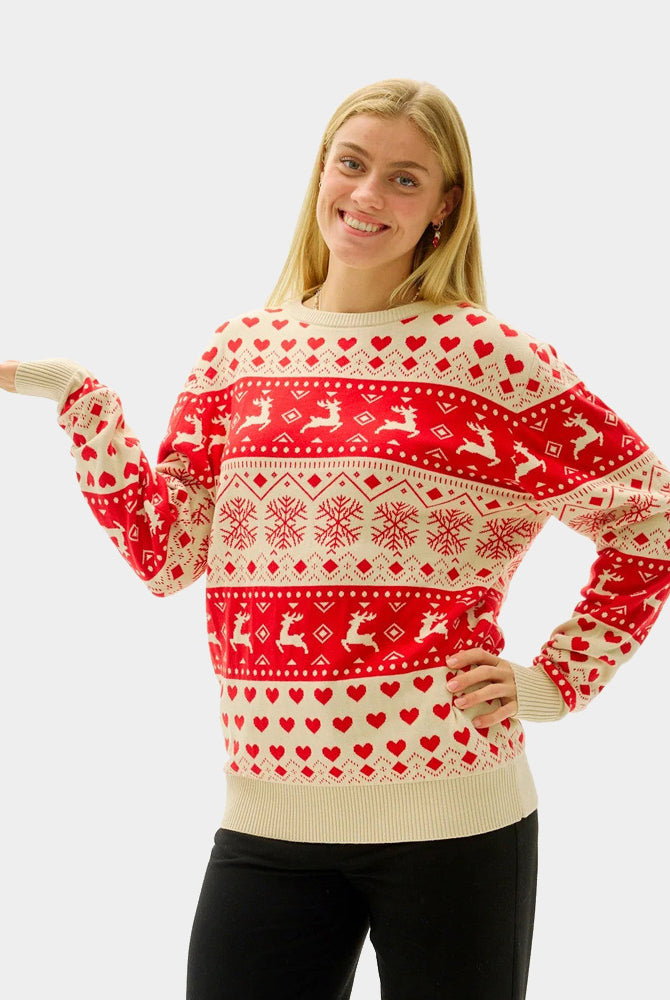 Red & Beige Organic Cotton Ugly Christmas Sweater with Hearts womens