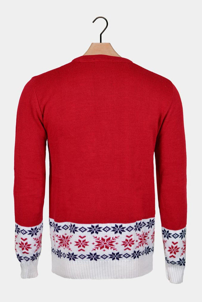 Red Ugly Christmas Sweater with Reindeer and Snow back Womens