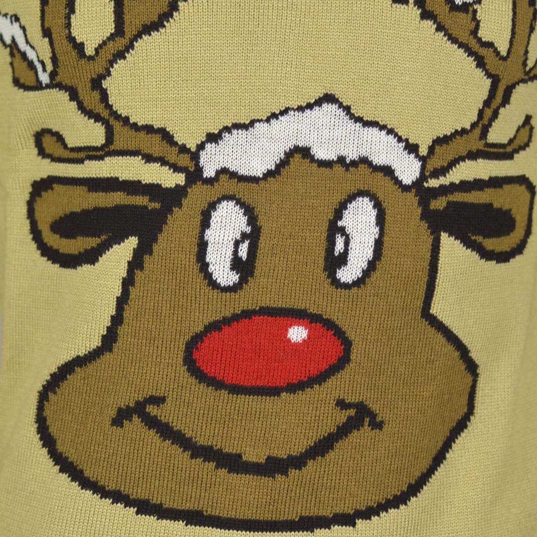 detail Beige Couple's Ugly Christmas Sweater with Smiling Reindeer