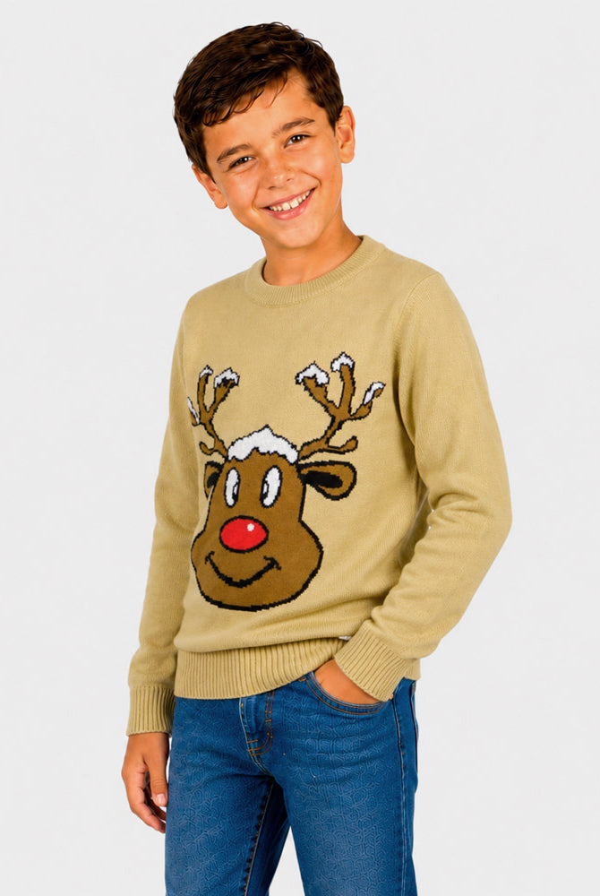 Beige Family Ugly Christmas Sweater with Smiling Reindeer boy