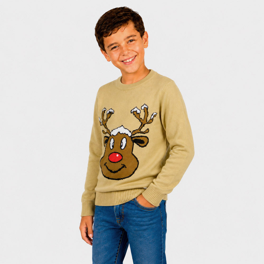 Beige Family Ugly Christmas Sweater with Smiling Reindeer boy