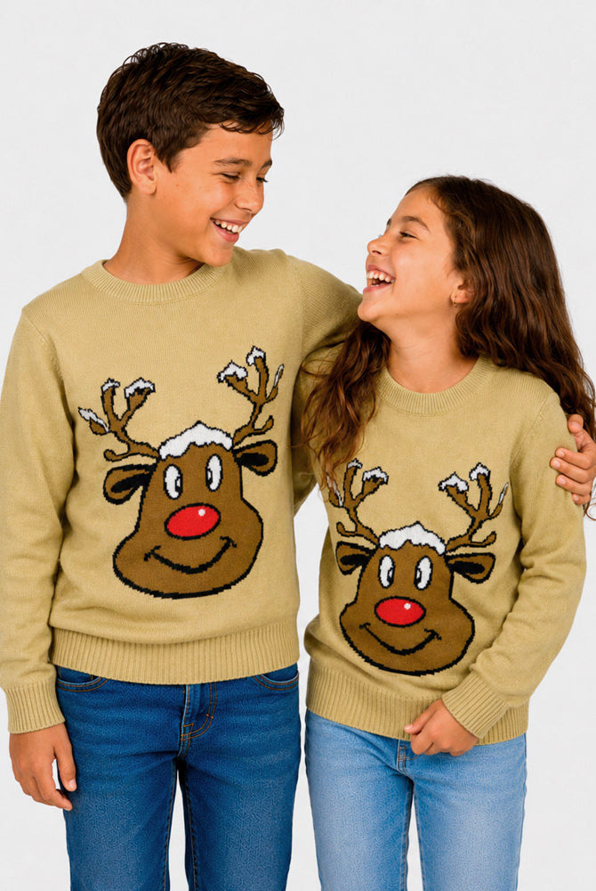Beige Family Ugly Christmas Sweater with Smiling Reindeer Children