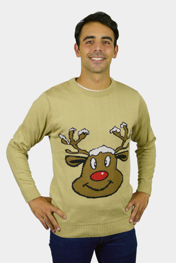 Beige Family Ugly Christmas Sweater with Smiling Reindeer Men