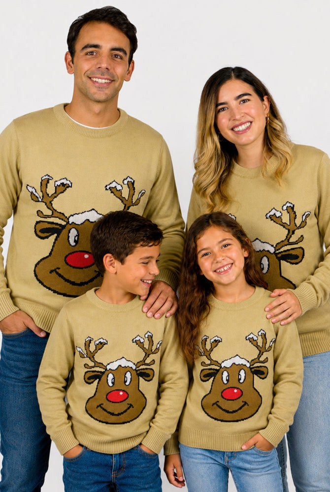 Beige Family Ugly Christmas Sweater with Smiling Reindeer