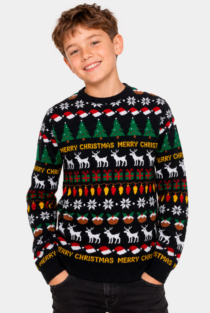 Boy Black Ugly Christmas Sweater with Trees, Reindeer and Gifts