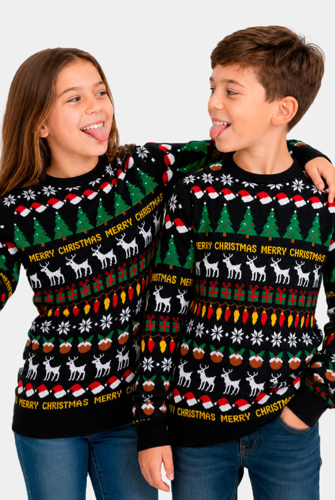 Childrens Black Ugly Christmas Sweater with Trees, Reindeer and Gifts
