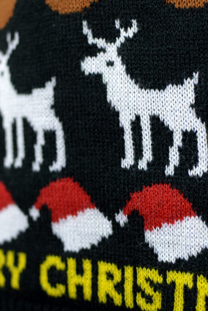 detail Black Couple's Ugly Christmas Sweater with Trees, Reindeers and Gifts