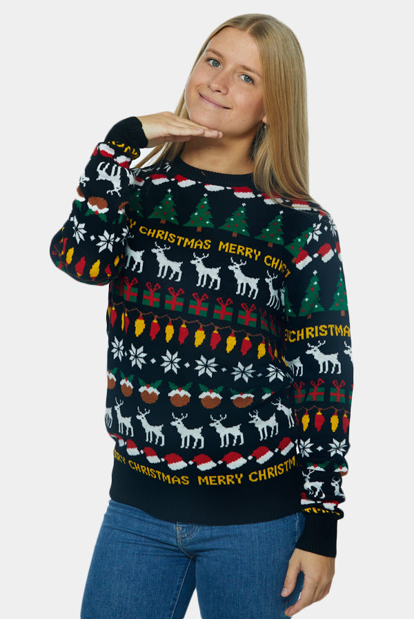 Black Couple's Ugly Christmas Sweater with Trees, Reindeers and Gifts womens