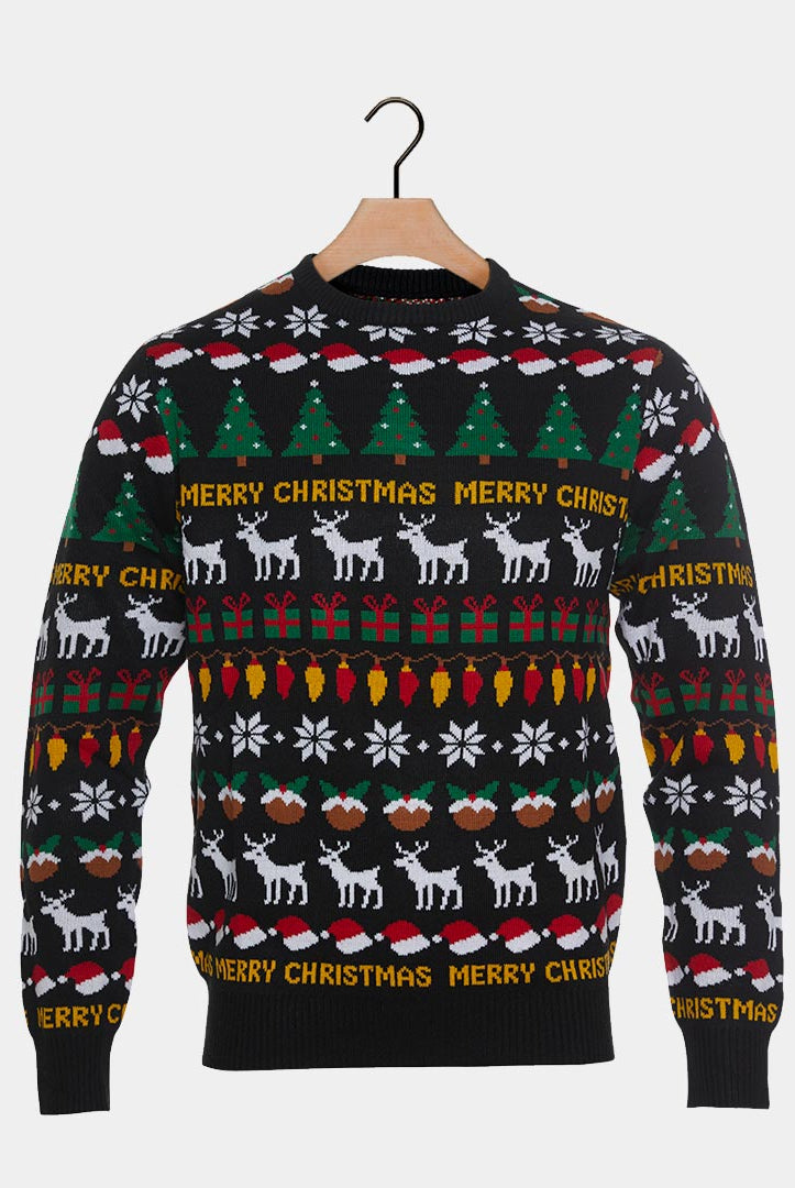 Black Couple's Ugly Christmas Sweater with Trees, Reindeers and Gifts