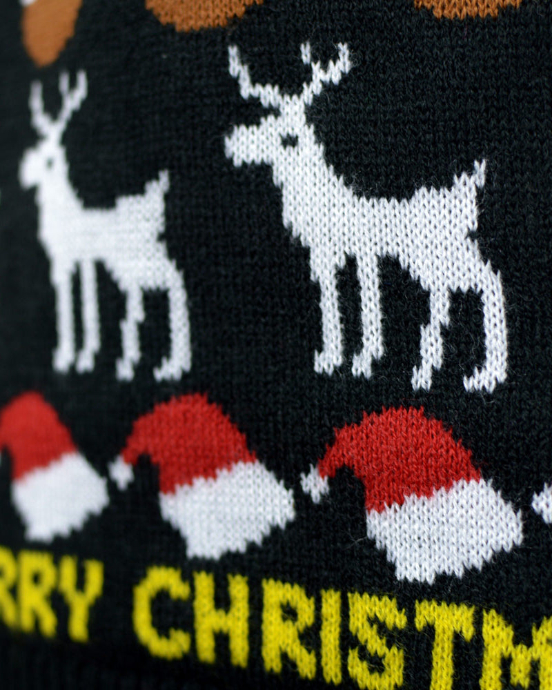 Black Family Ugly Christmas Sweater with Trees, Reindeers and Gifts Detail