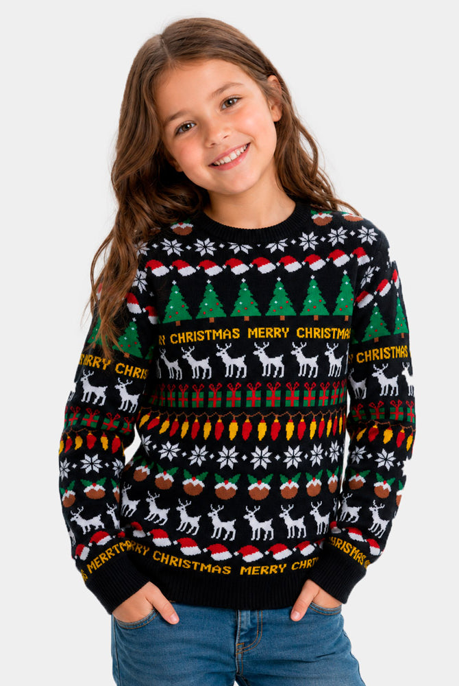 Girls Black Ugly Christmas Sweater with Trees, Reindeer and Gifts