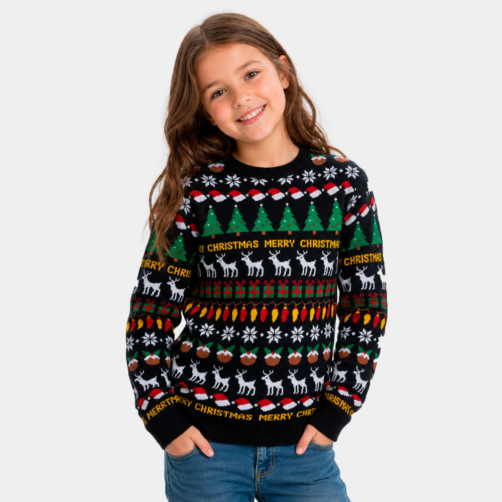 Girls Black Ugly Christmas Sweater with Trees, Reindeer and Gifts