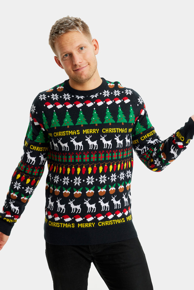 Black Men's Ugly Christmas Sweater with Trees, Reindeers and Gifts