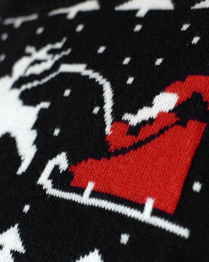 Black Ugly Christmas Sweater with Snowmen and Santa Trees