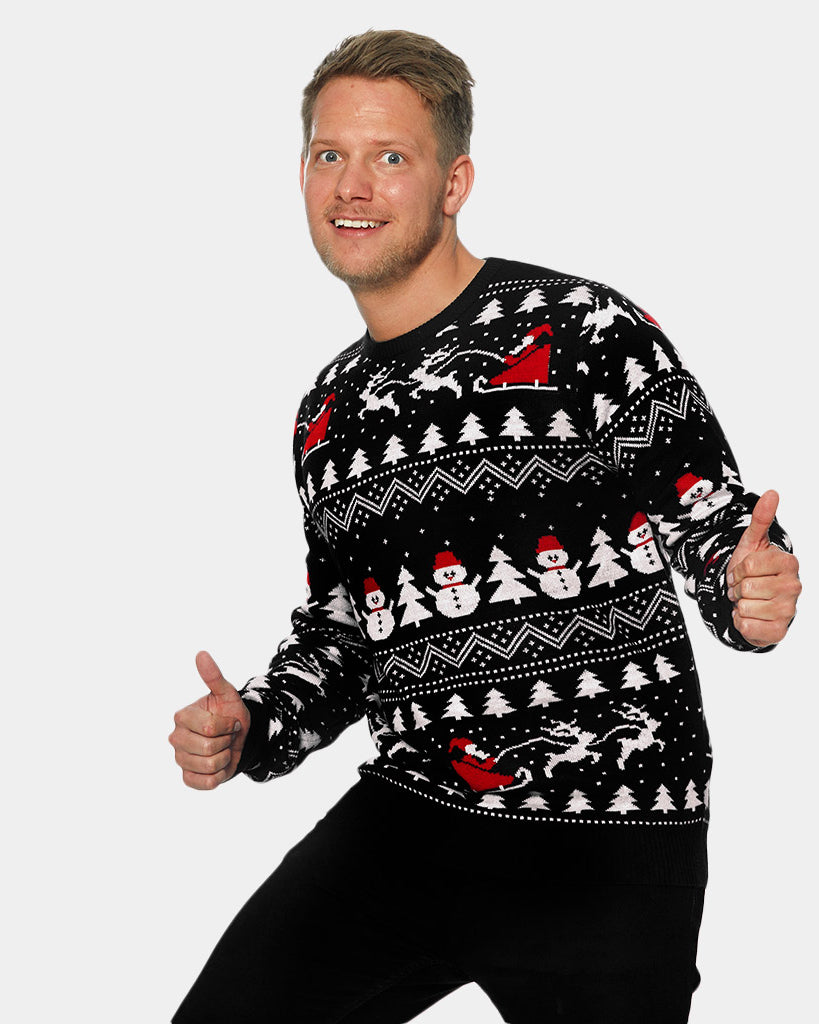 Black Ugly Christmas Sweater with Trees, Snowmen and Santa Mens