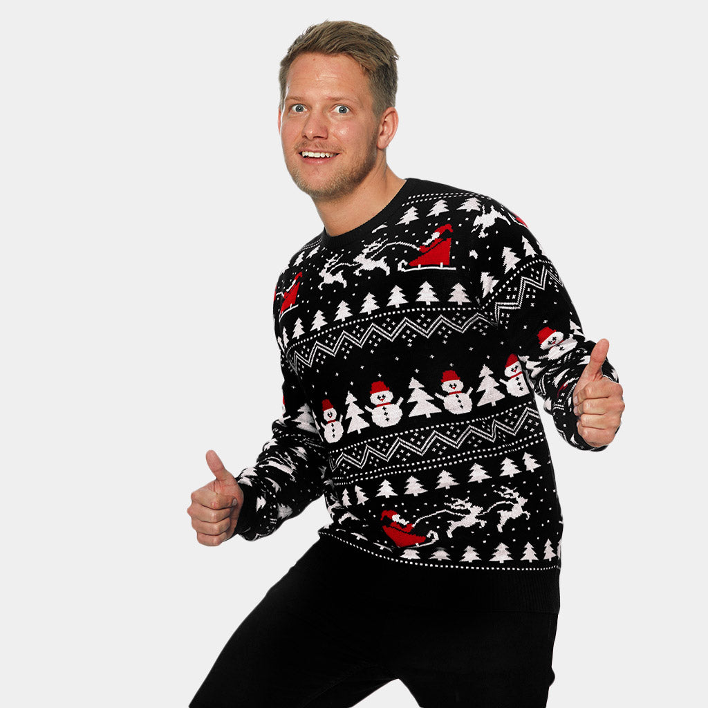 Black Ugly Christmas Sweater with Trees, Snowmen and Santa Mens