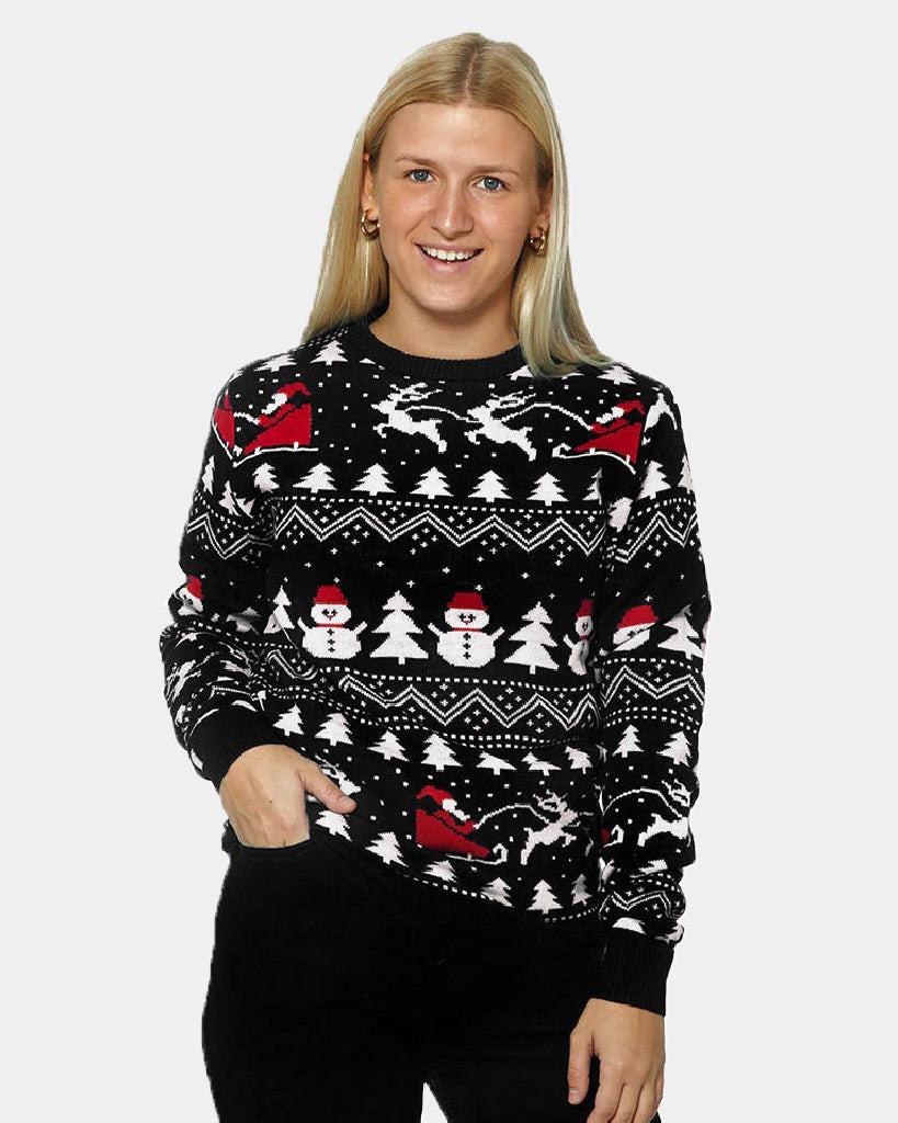 Black Ugly Christmas Sweater with Trees, Snowmen and Santa Womens
