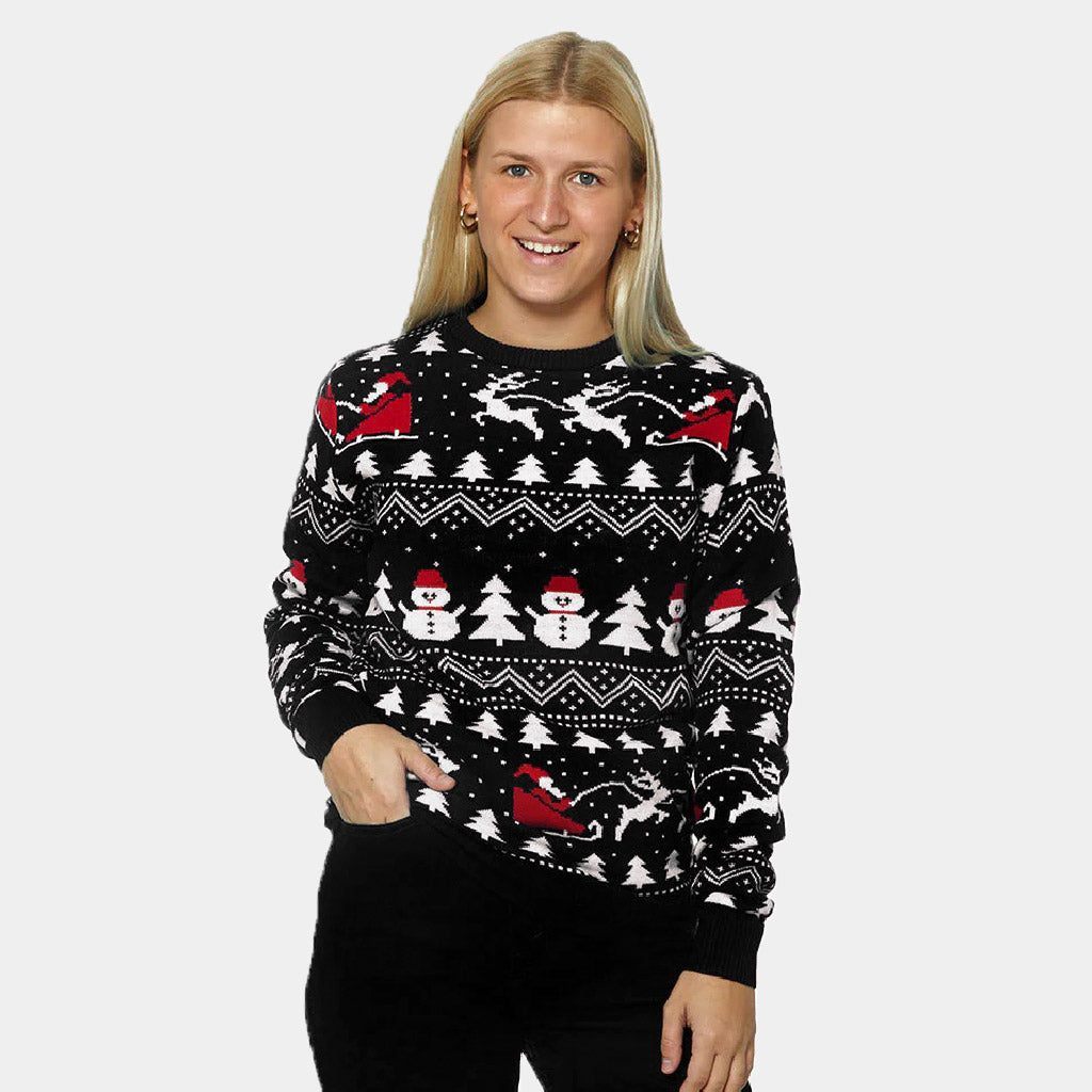 Black Ugly Christmas Sweater with Trees, Snowmen and Santa Womens