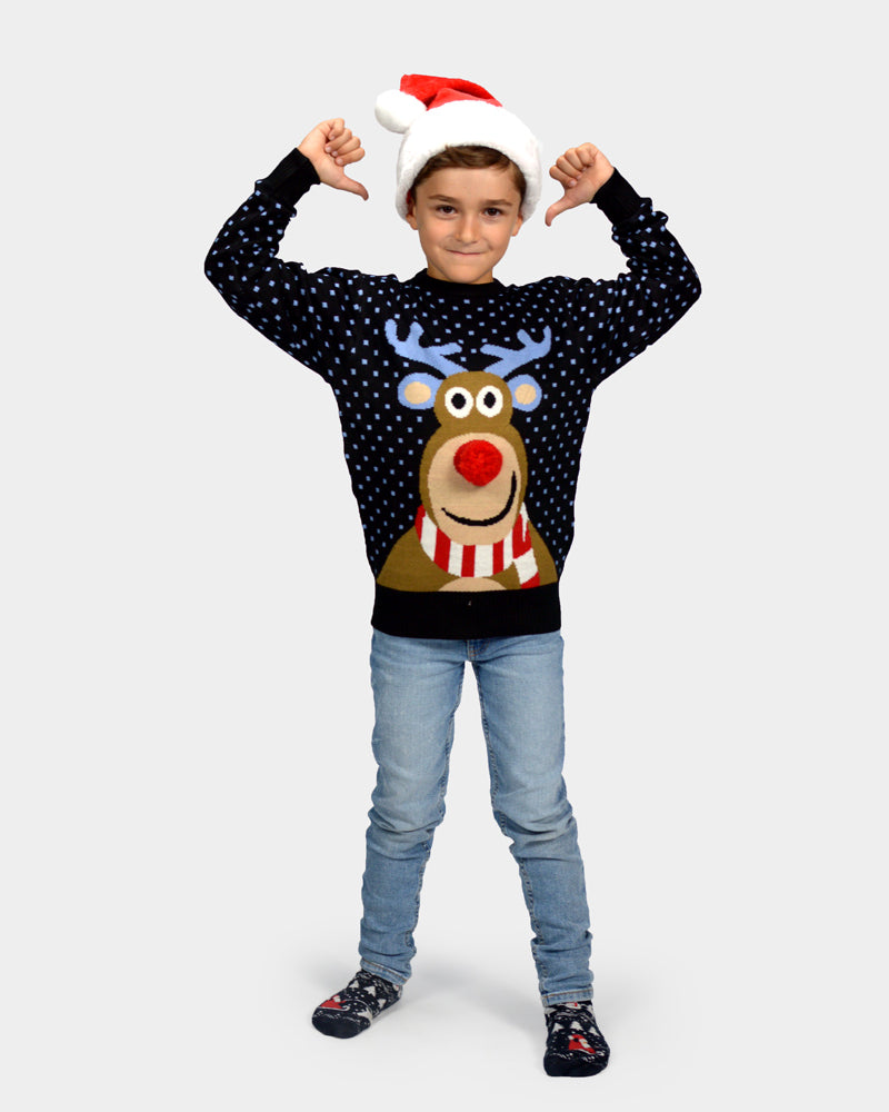 Blue 3D Boys and Girls Ugly Christmas Sweater Reindeer with Red Nosed