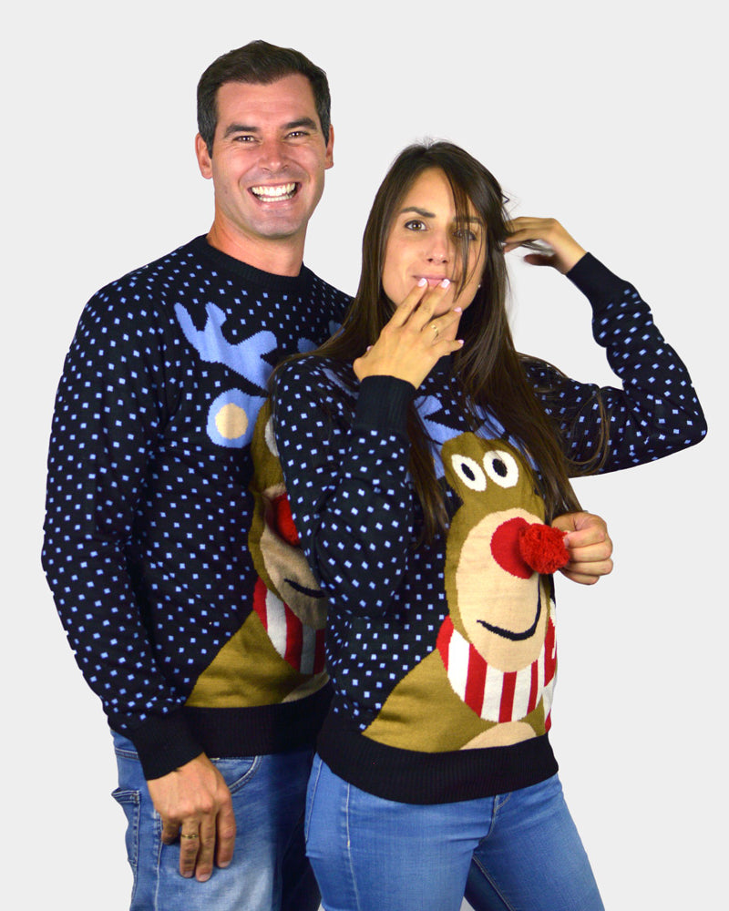 Blue 3D Couple's Ugly Christmas Sweater Reindeer with Red Nosed