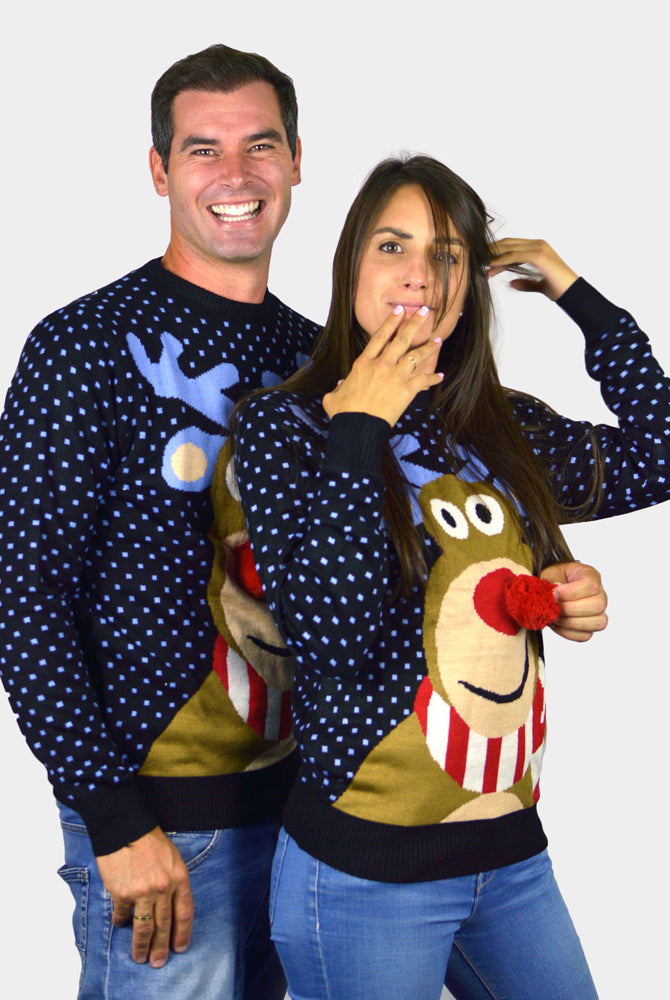 Blue 3D Couple's Ugly Christmas Sweater Reindeer with Red Nosed