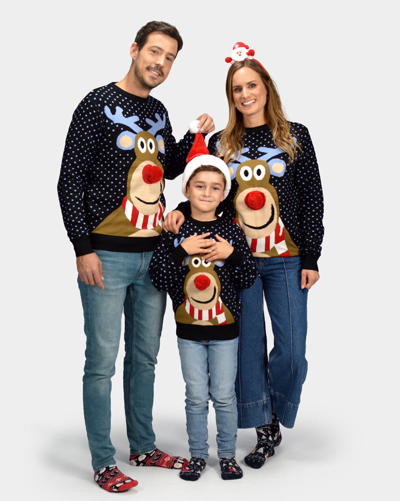 Blue 3D Family Ugly Christmas Sweater Reindeer with Red Nosed