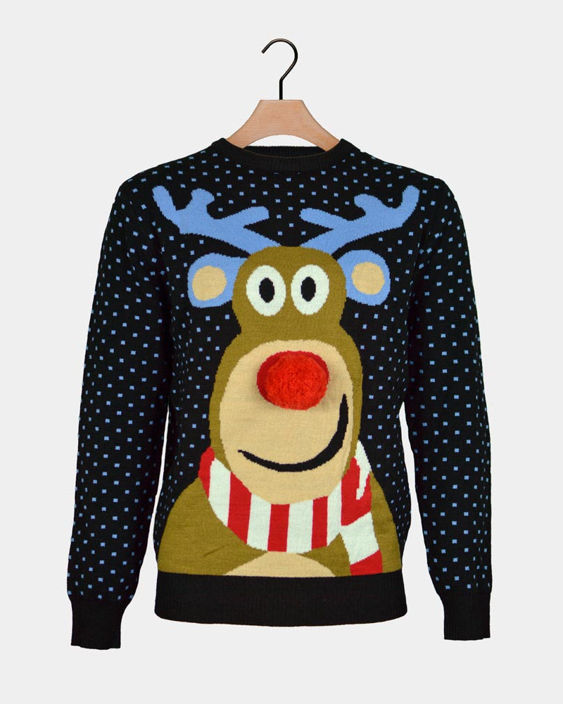 Blue 3D Couple's Ugly Christmas Sweater Reindeer Red Nosed