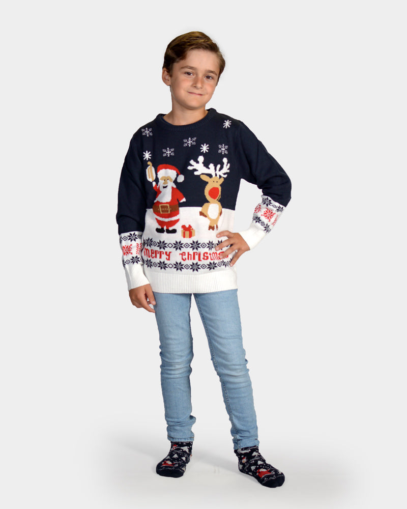 Childrens Blue Ugly Christmas Sweater with Santa and Rudolph